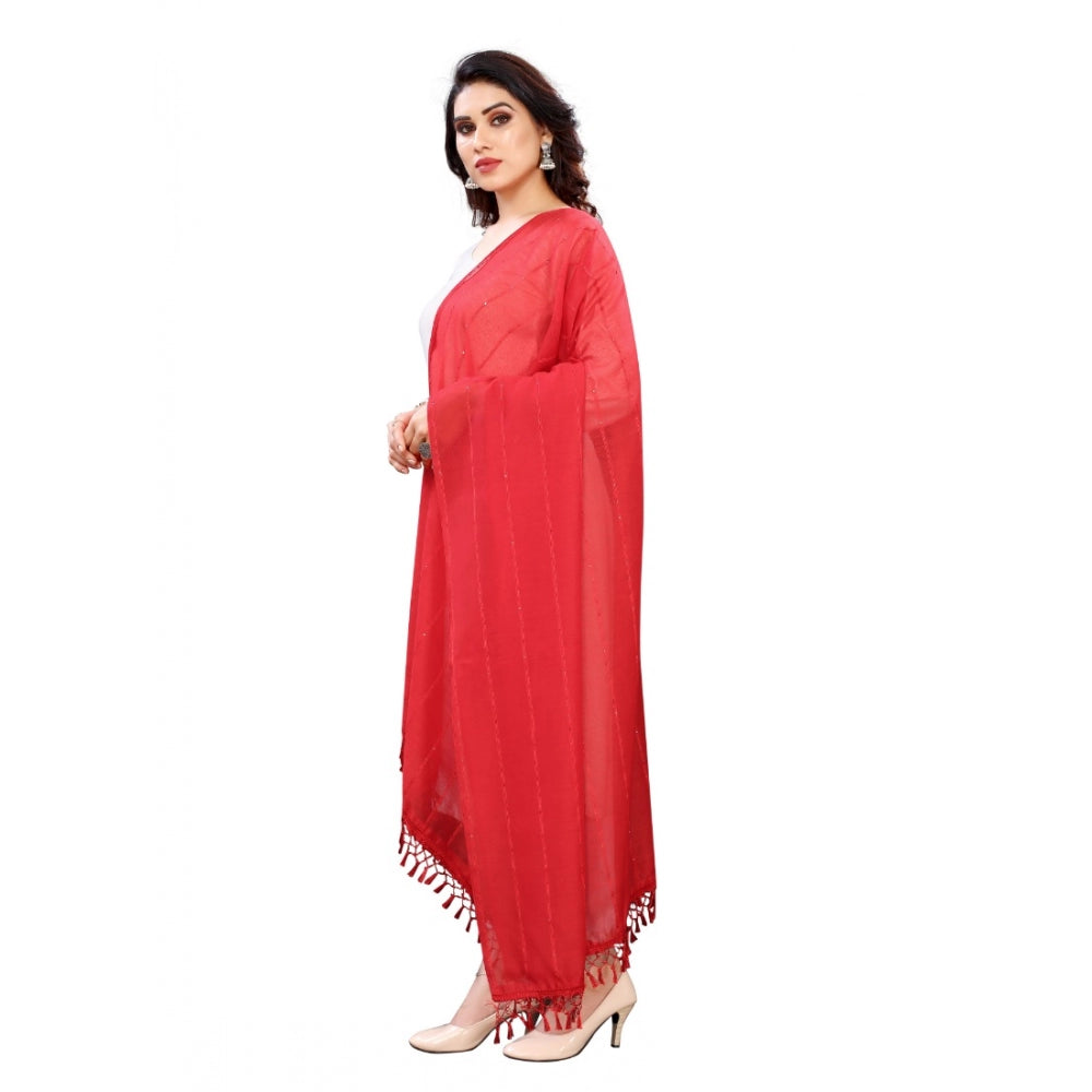 Women's Cotton Silk Strips Printed Dupatta (Red, Length:2-2.4 mtr)
