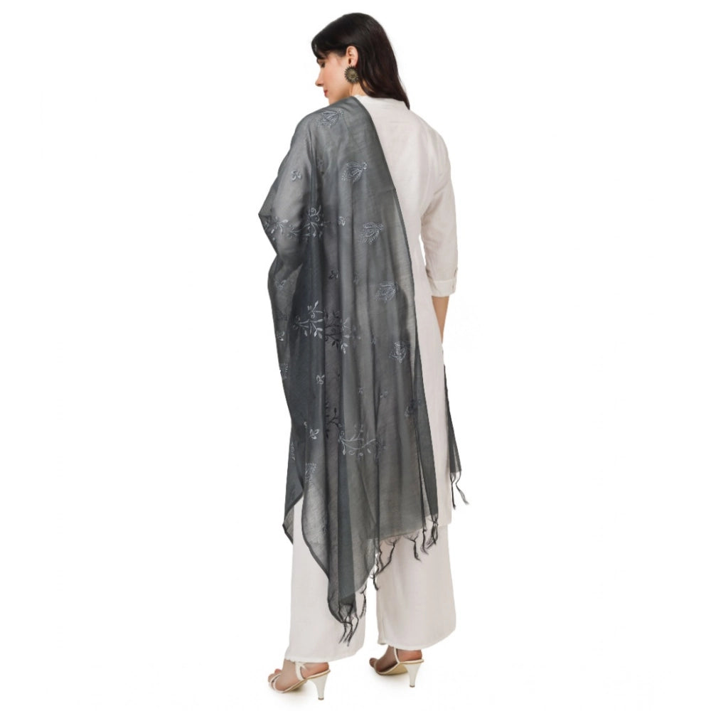 Women's Cotton Embroidered Dupatta (Grey, Length: 2.25 to 2.50 Mtr)