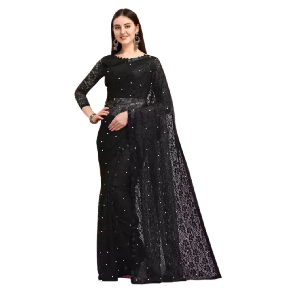 Women's Net Self Design Saree With Unstitched Blouse 5.5Mtr (Black)