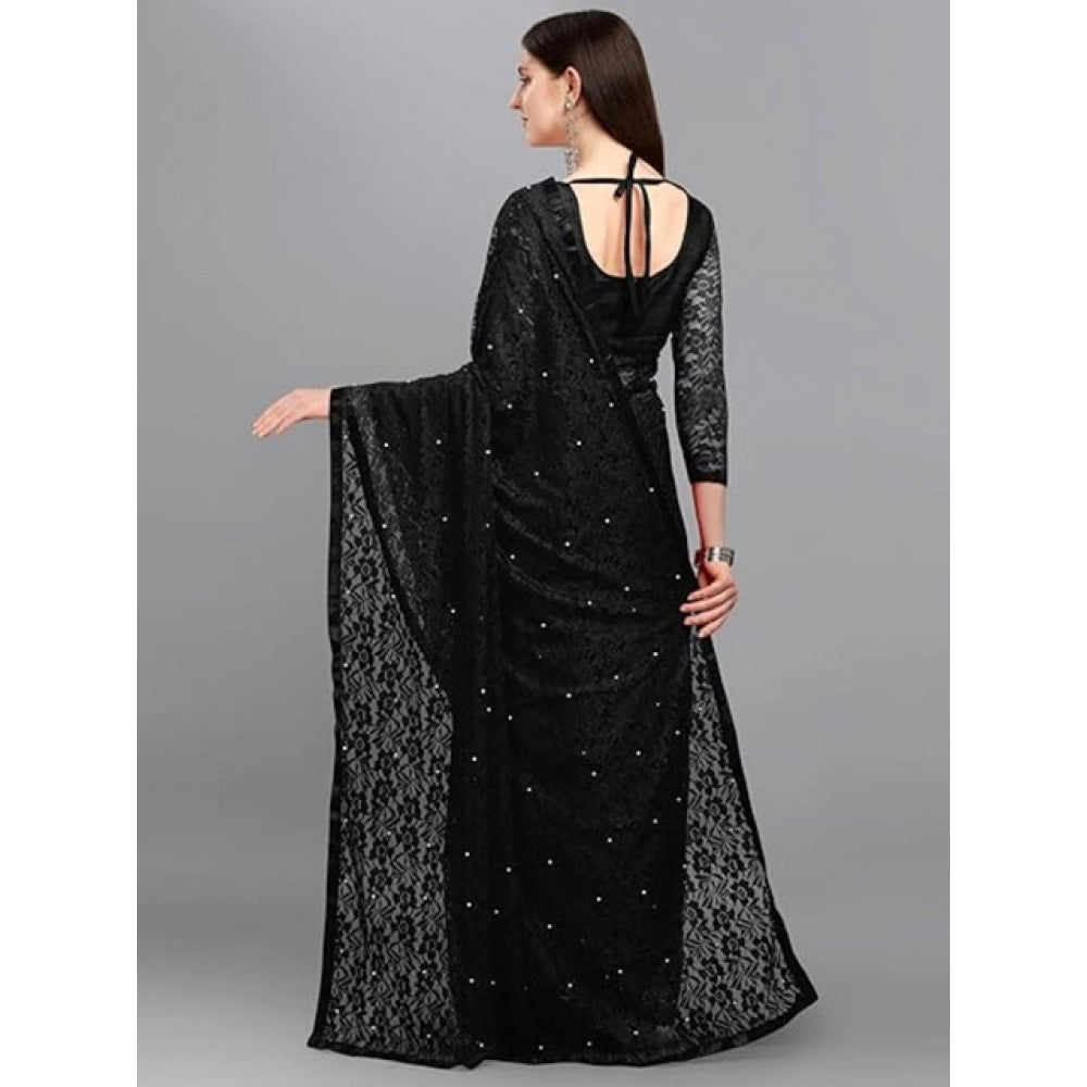 Women's Net Self Design Saree With Unstitched Blouse 5.5Mtr (Black)