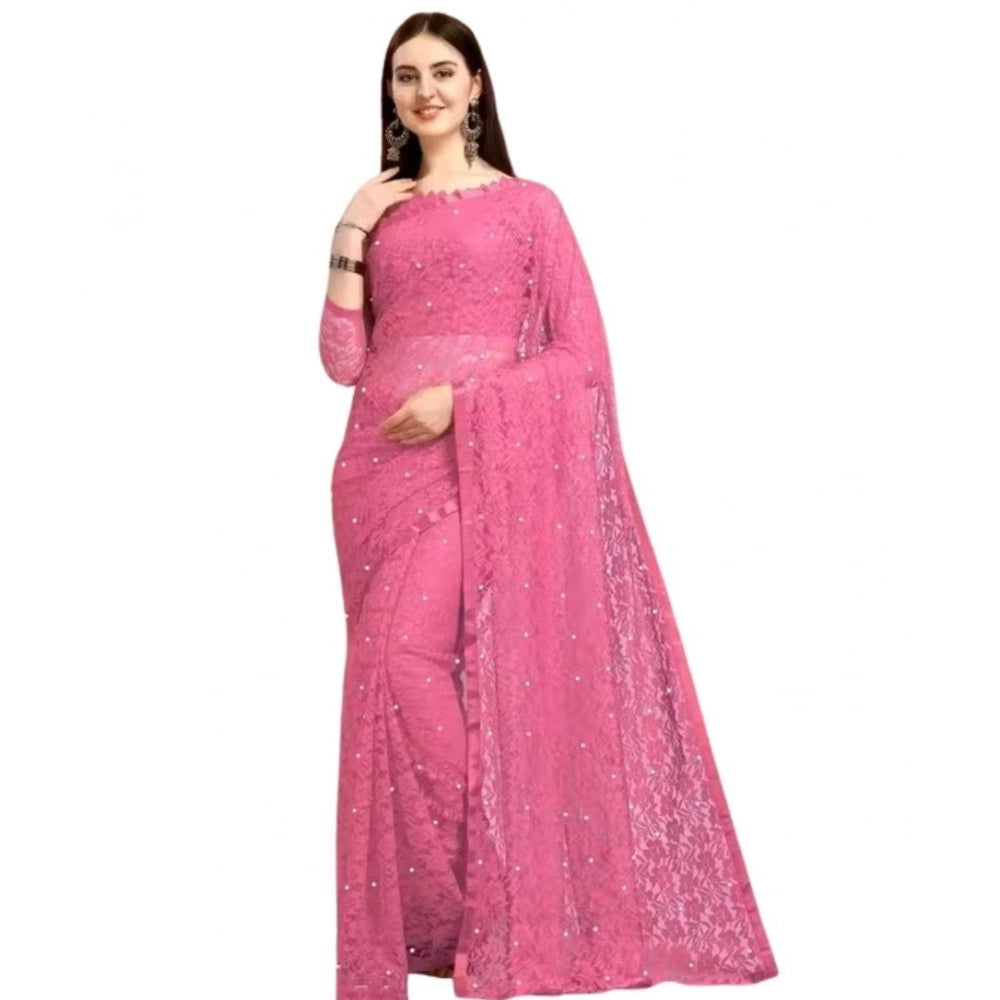 Women's Net Self Design Saree With Unstitched Blouse 5.5Mtr (Dark Pink)