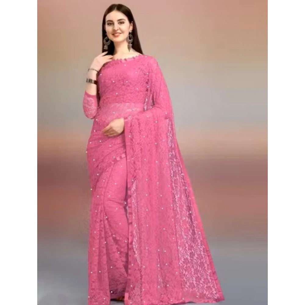 Women's Net Self Design Saree With Unstitched Blouse 5.5Mtr (Dark Pink)