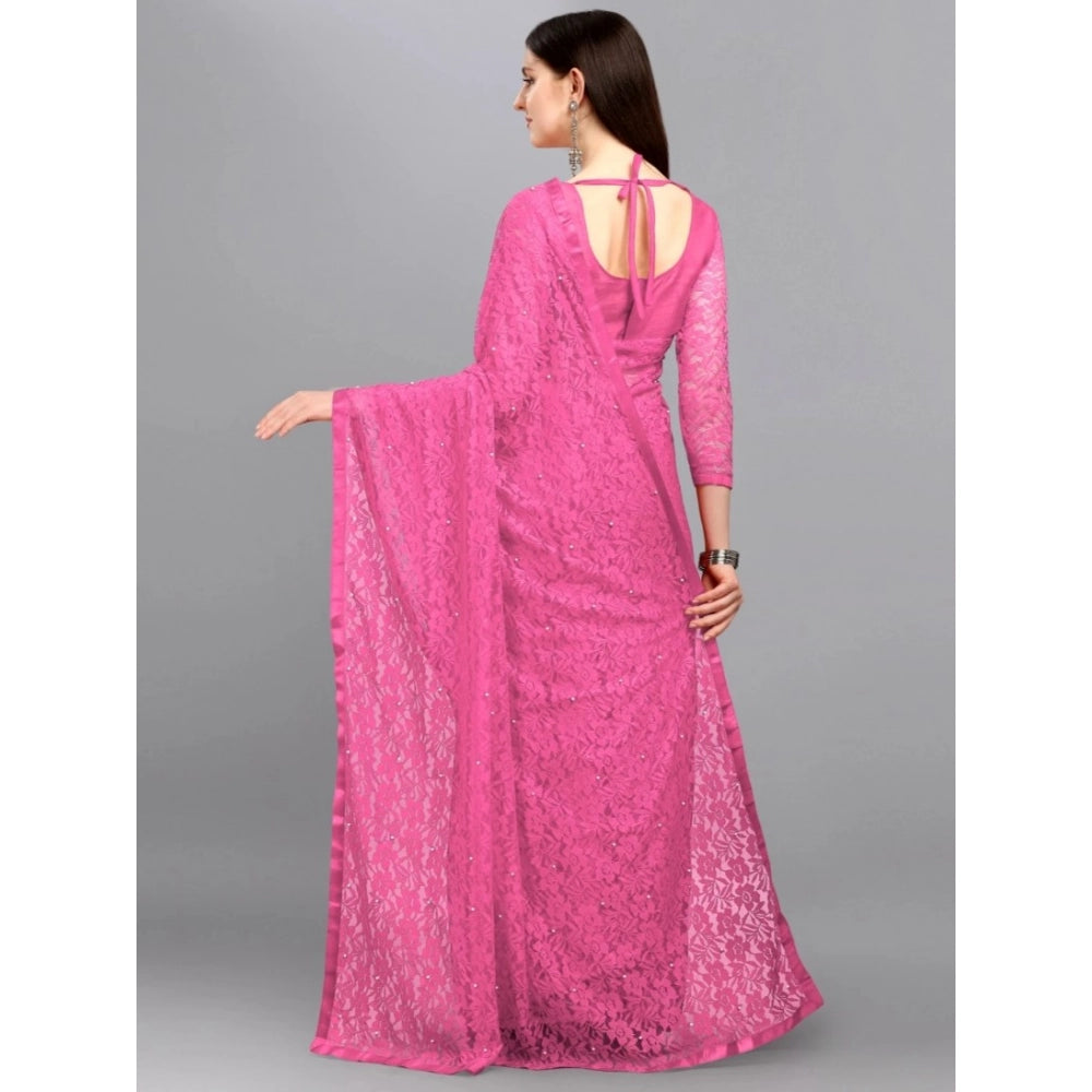 Women's Net Self Design Saree With Unstitched Blouse 5.5Mtr (Dark Pink)
