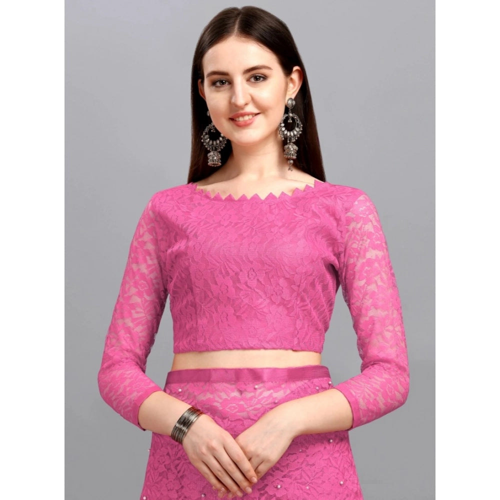 Women's Net Self Design Saree With Unstitched Blouse 5.5Mtr (Dark Pink)