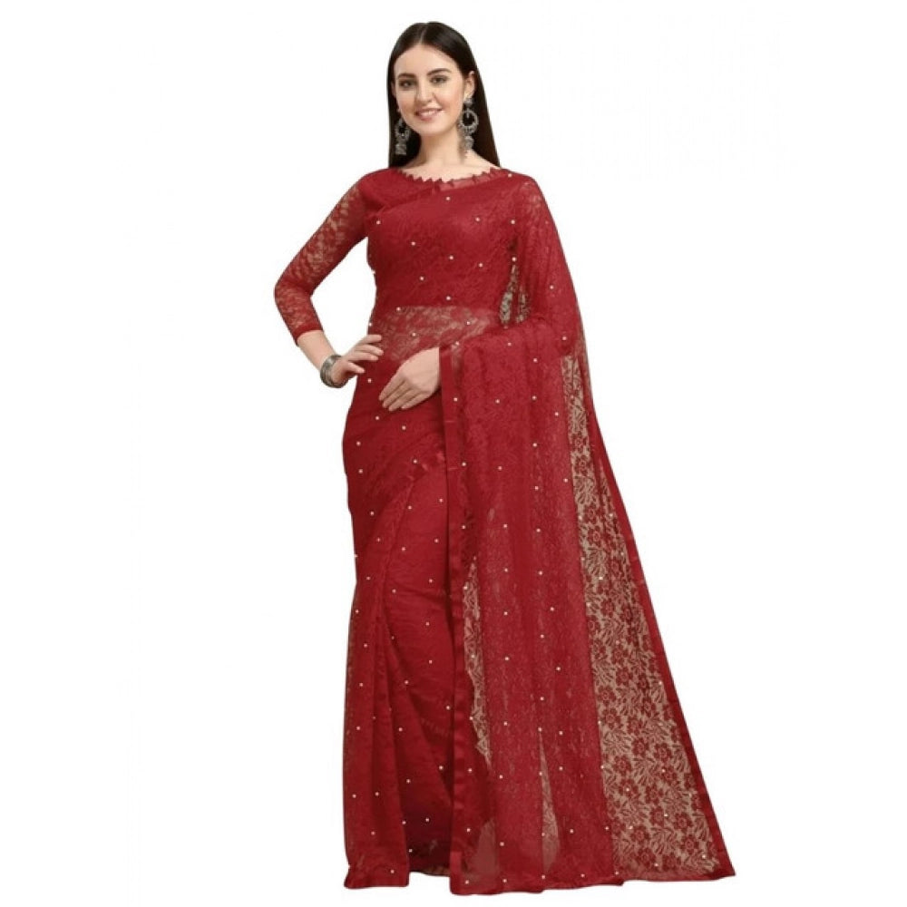 Women's Net Self Design Saree With Unstitched Blouse 5.5Mtr (Maroon)