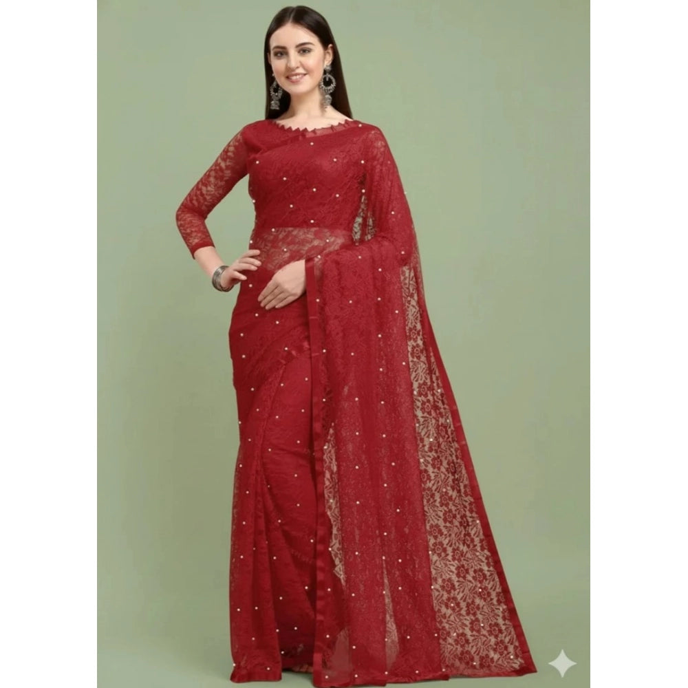 Women's Net Self Design Saree With Unstitched Blouse 5.5Mtr (Maroon)