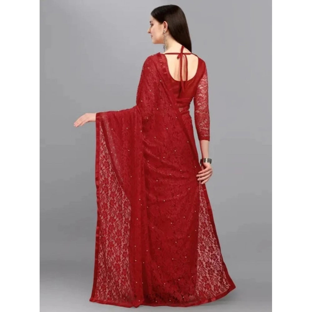 Women's Net Self Design Saree With Unstitched Blouse 5.5Mtr (Maroon)