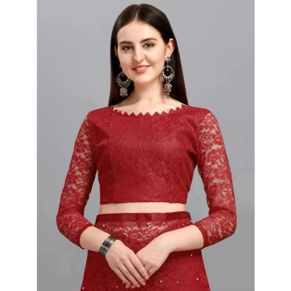 Women's Net Self Design Saree With Unstitched Blouse 5.5Mtr (Maroon)