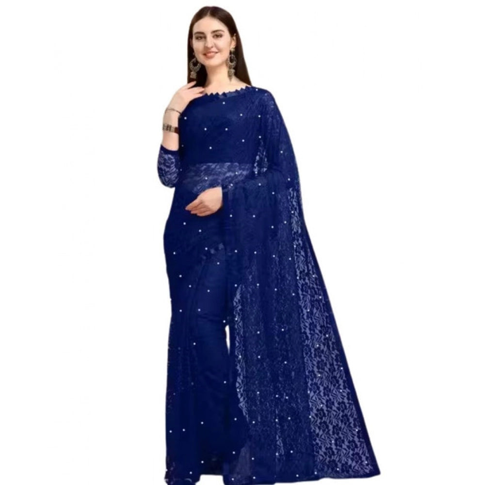 Women's Net Self Design Saree With Unstitched Blouse 5.5Mtr (Navy Blue)