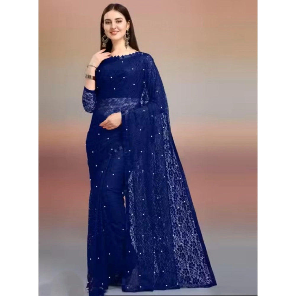 Women's Net Self Design Saree With Unstitched Blouse 5.5Mtr (Navy Blue)
