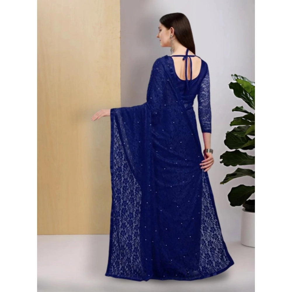 Women's Net Self Design Saree With Unstitched Blouse 5.5Mtr (Navy Blue)