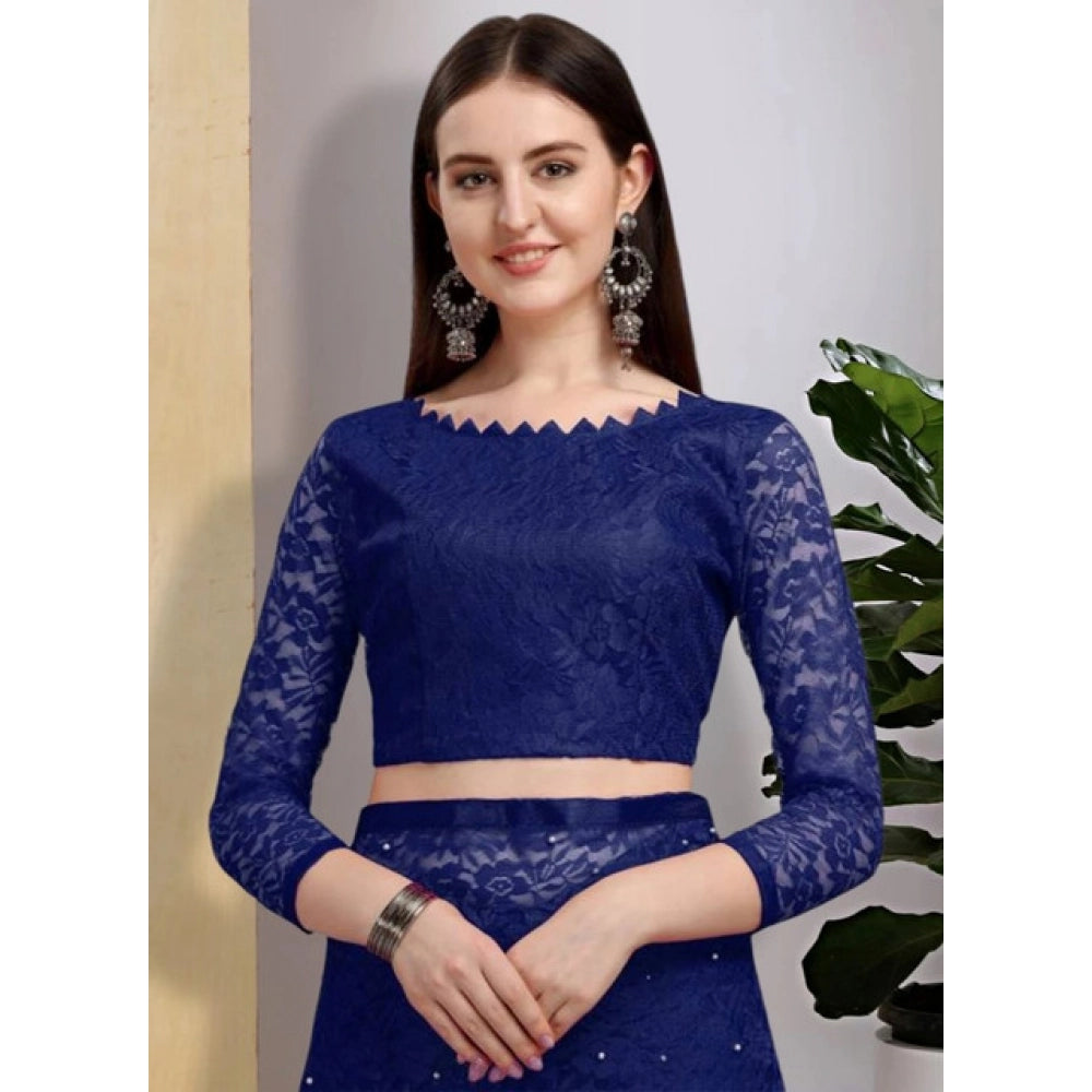 Women's Net Self Design Saree With Unstitched Blouse 5.5Mtr (Navy Blue)