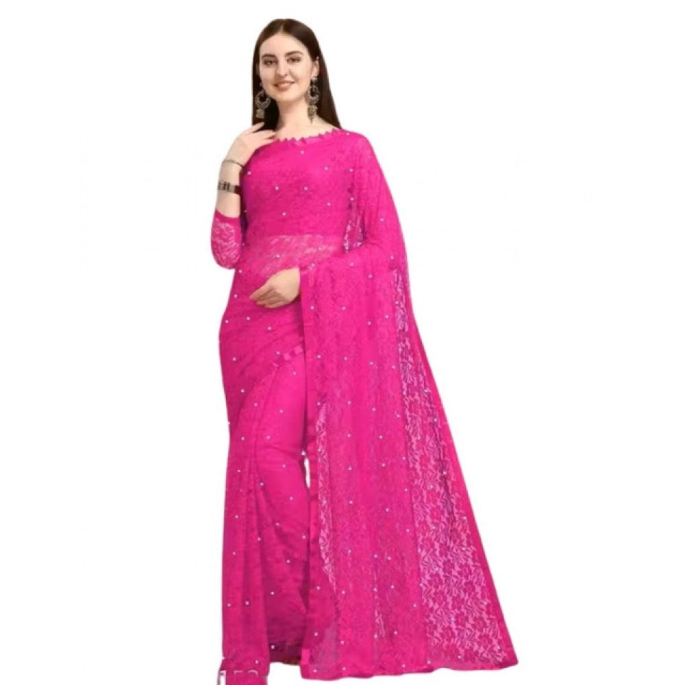 Women's Net Self Design Saree With Unstitched Blouse 5.5Mtr (Rani)