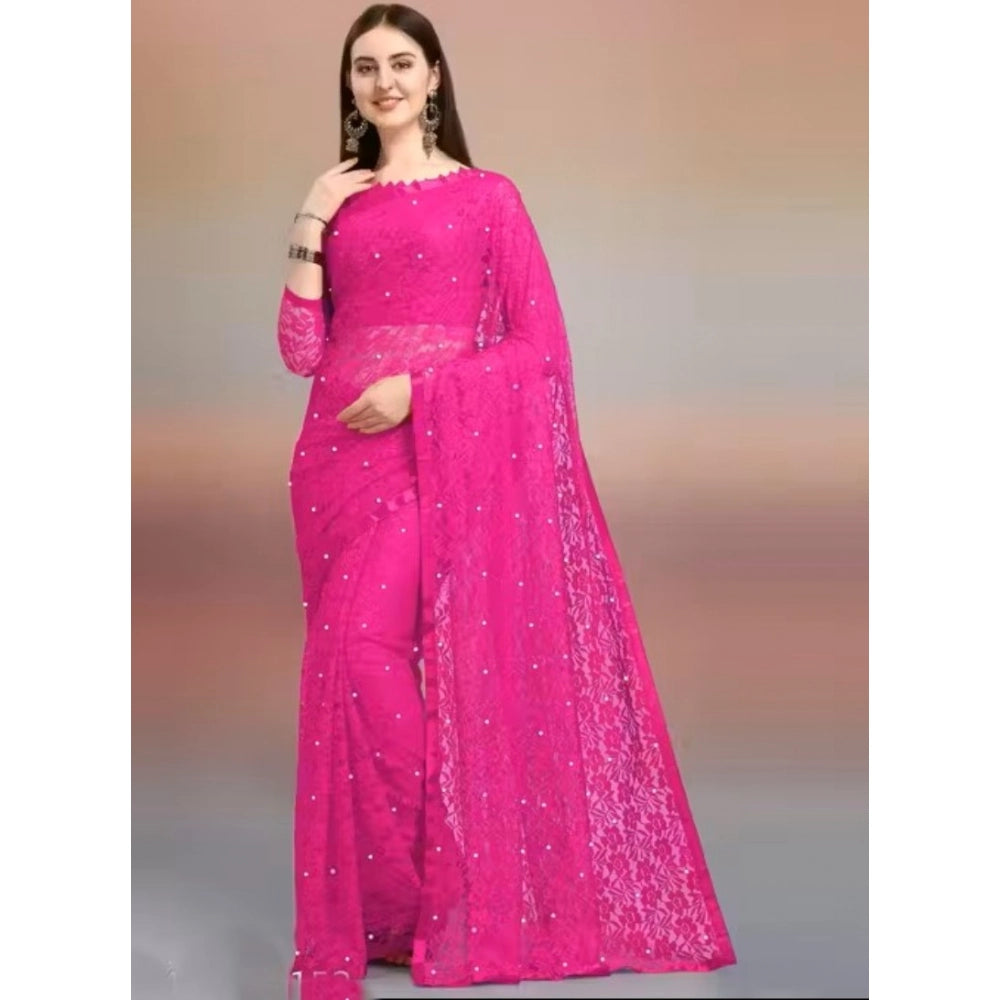 Women's Net Self Design Saree With Unstitched Blouse 5.5Mtr (Rani)