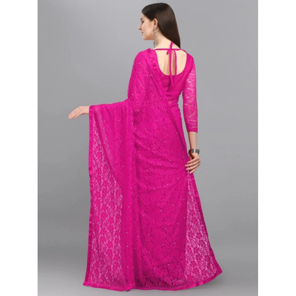 Women's Net Self Design Saree With Unstitched Blouse 5.5Mtr (Rani)