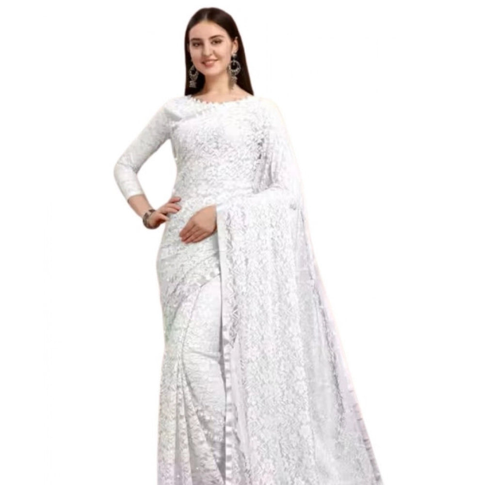 Women's Net Self Design Saree With Unstitched Blouse 5.5Mtr (White)