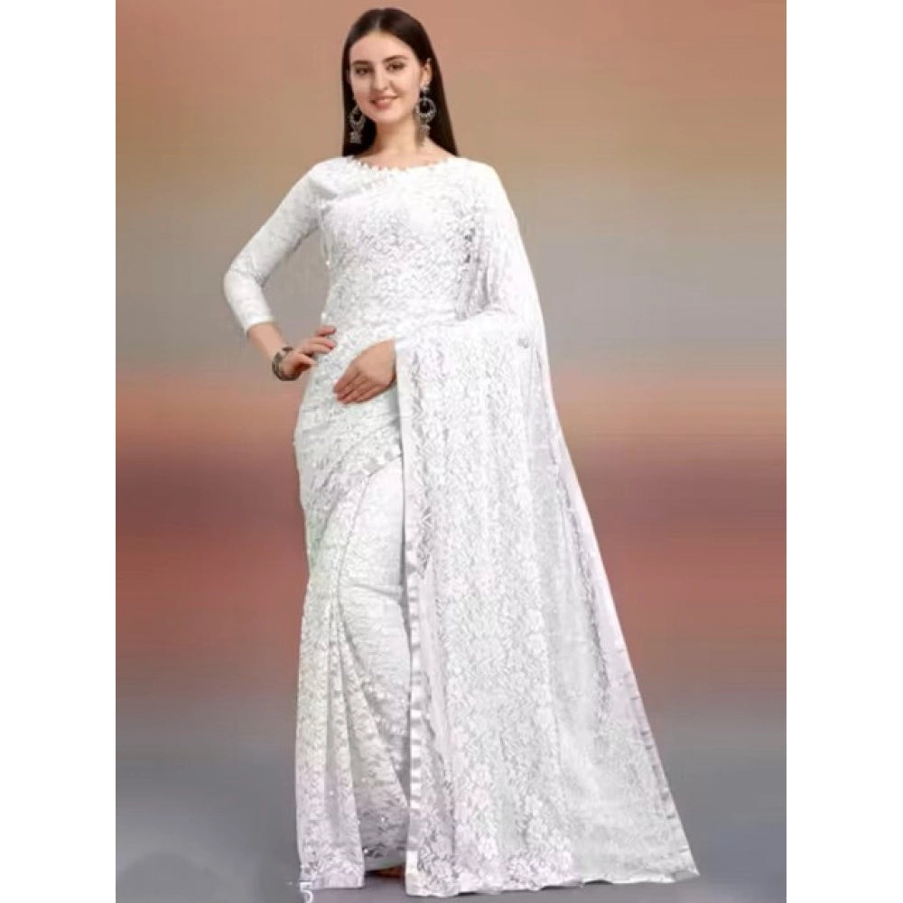Women's Net Self Design Saree With Unstitched Blouse 5.5Mtr (White)