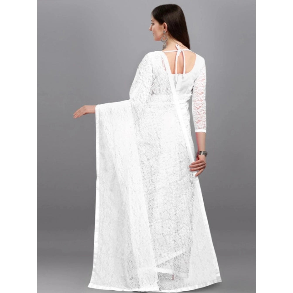 Women's Net Self Design Saree With Unstitched Blouse 5.5Mtr (White)