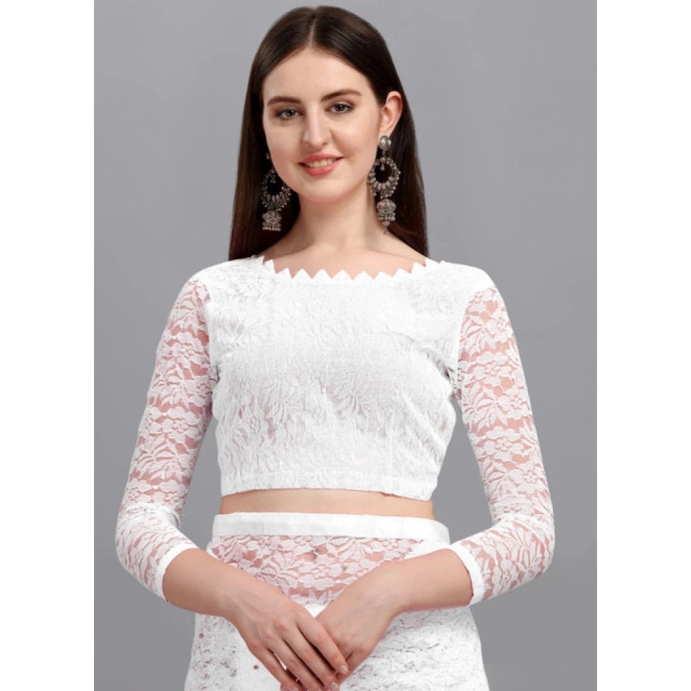 Women's Net Self Design Saree With Unstitched Blouse 5.5Mtr (White)