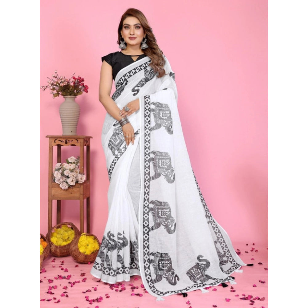 Women's Linen Cotton Printed Saree With Unstitched Blouse 5.5Mtr (White)