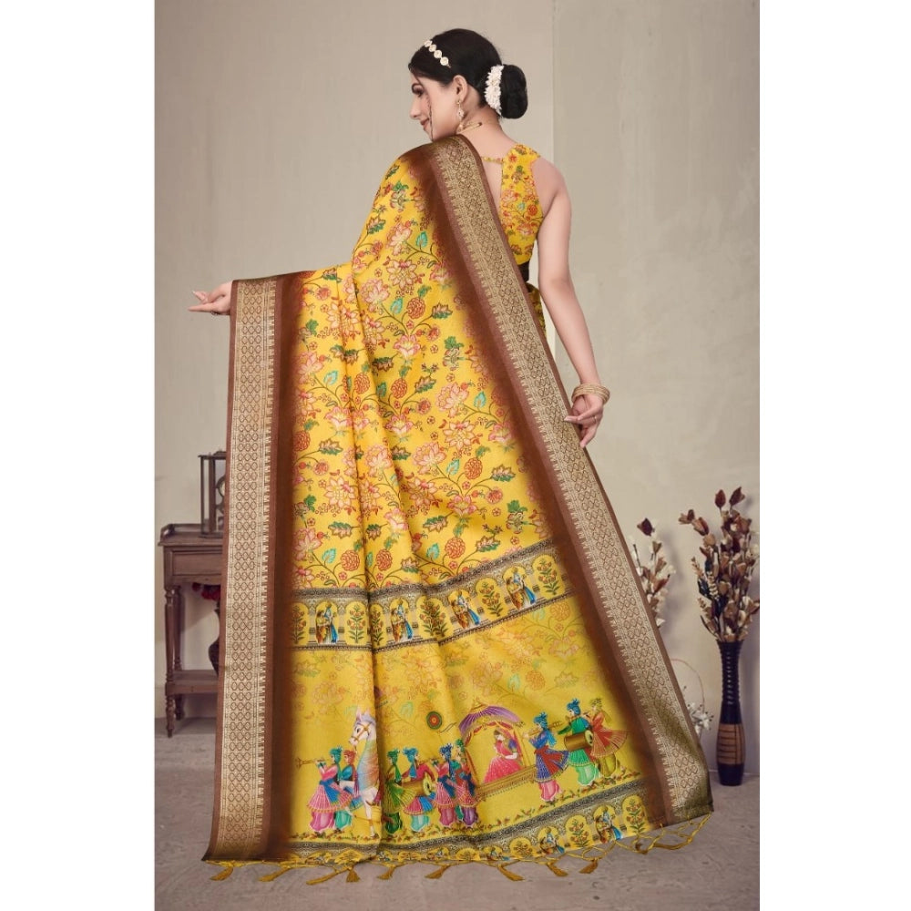 Women's Cotton Silk  Printed Saree With Unstitched Blouse 5.5Mtr (Yellow)