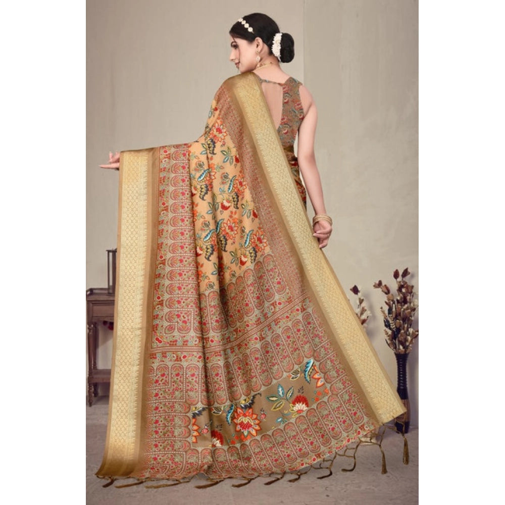 Women's Cotton Silk  Printed Saree With Unstitched Blouse 5.5Mtr (Peach)