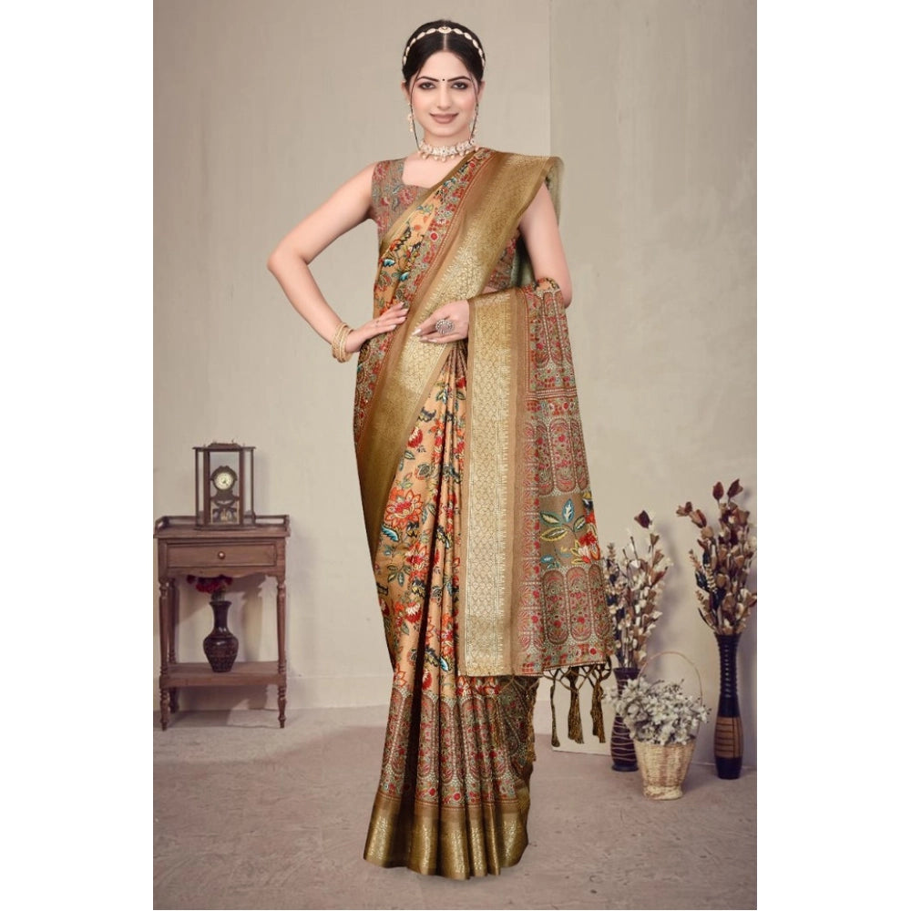 Women's Cotton Silk  Printed Saree With Unstitched Blouse 5.5Mtr (Peach)