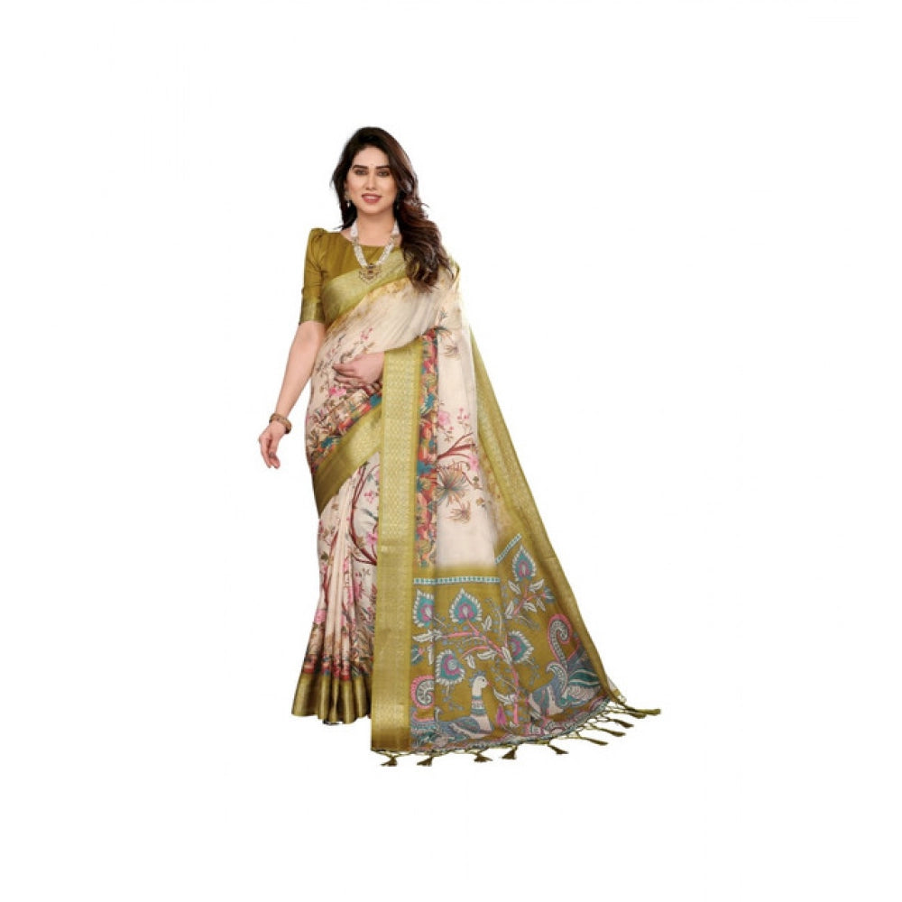 Women's Cotton Silk  Printed Saree With Unstitched Blouse 5.5Mtr (Olive Green)