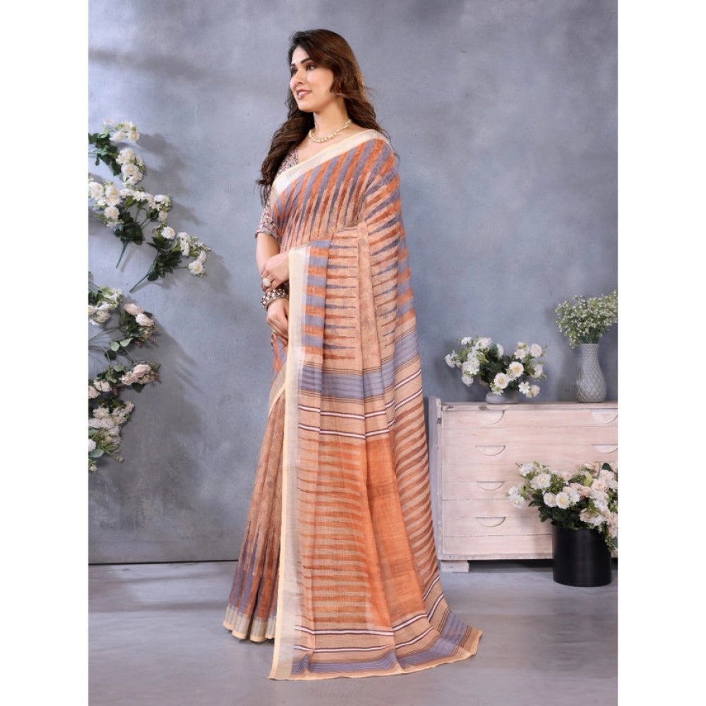 Women's Linen Cotton  Printed Saree With Unstitched Blouse 5.5Mtr (Brown)