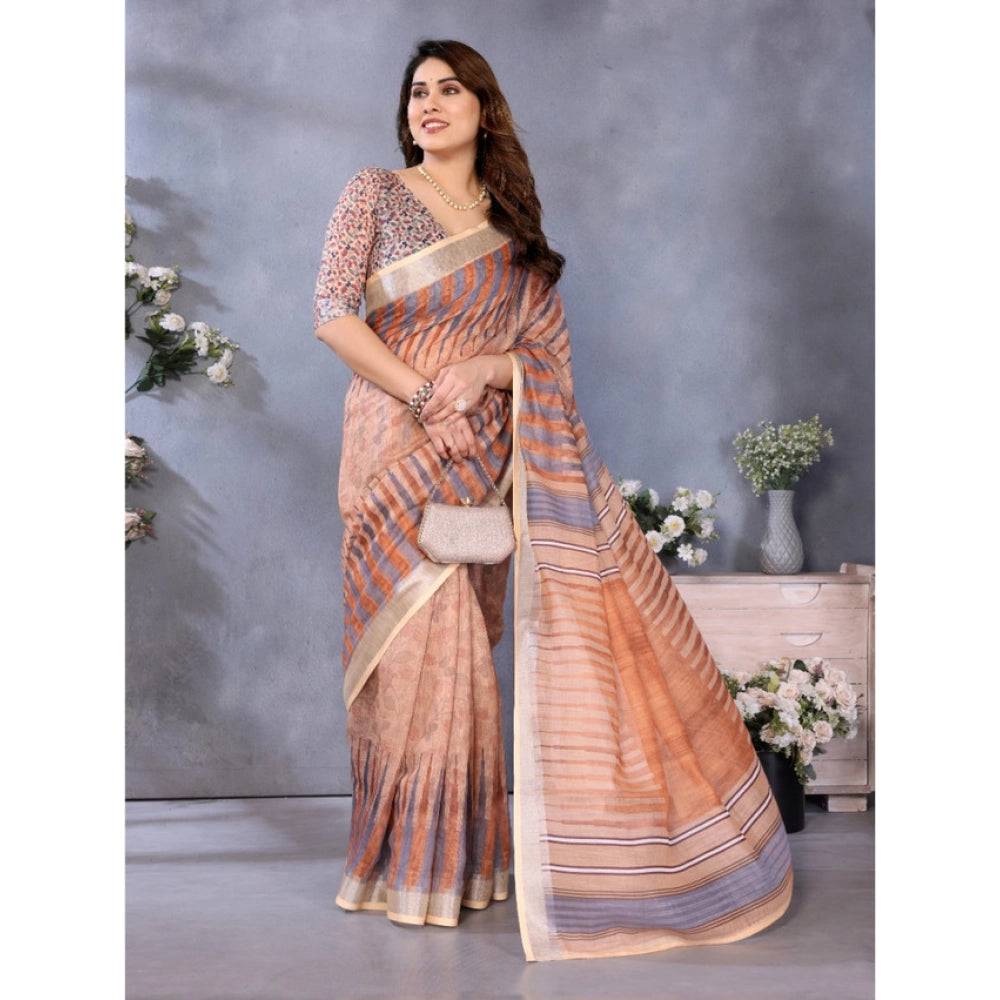 Women's Linen Cotton  Printed Saree With Unstitched Blouse 5.5Mtr (Brown)