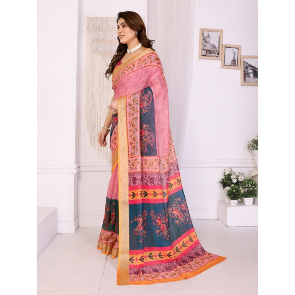 Women's Linen Cotton  Printed Saree With Unstitched Blouse 5.5Mtr (Pink)