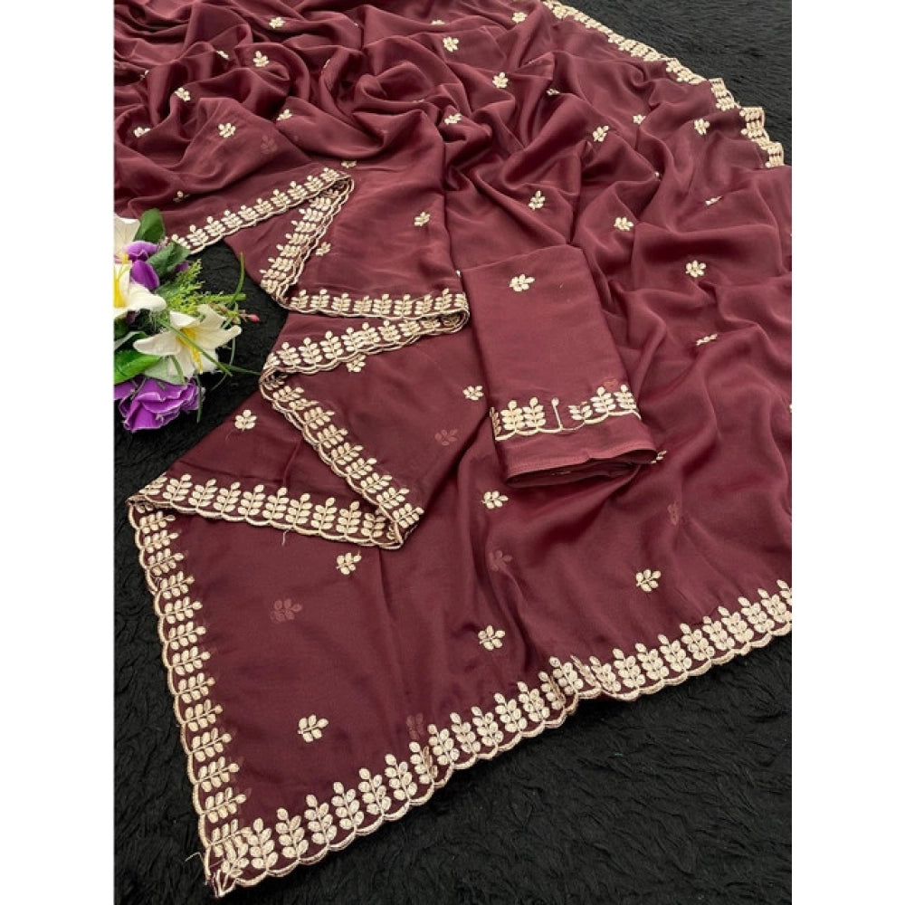 Women's Georgette Embroidered Saree With Unstitched Blouse 5.5Mtr (Maroon)