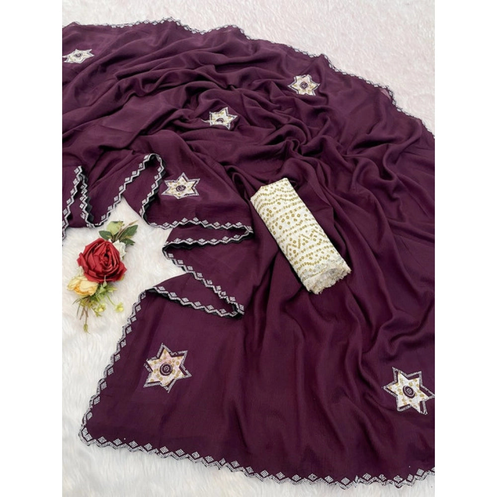 Women's Chiffon Butti Dotted Saree With Unstitched Blouse 5.5Mtr (Wine)