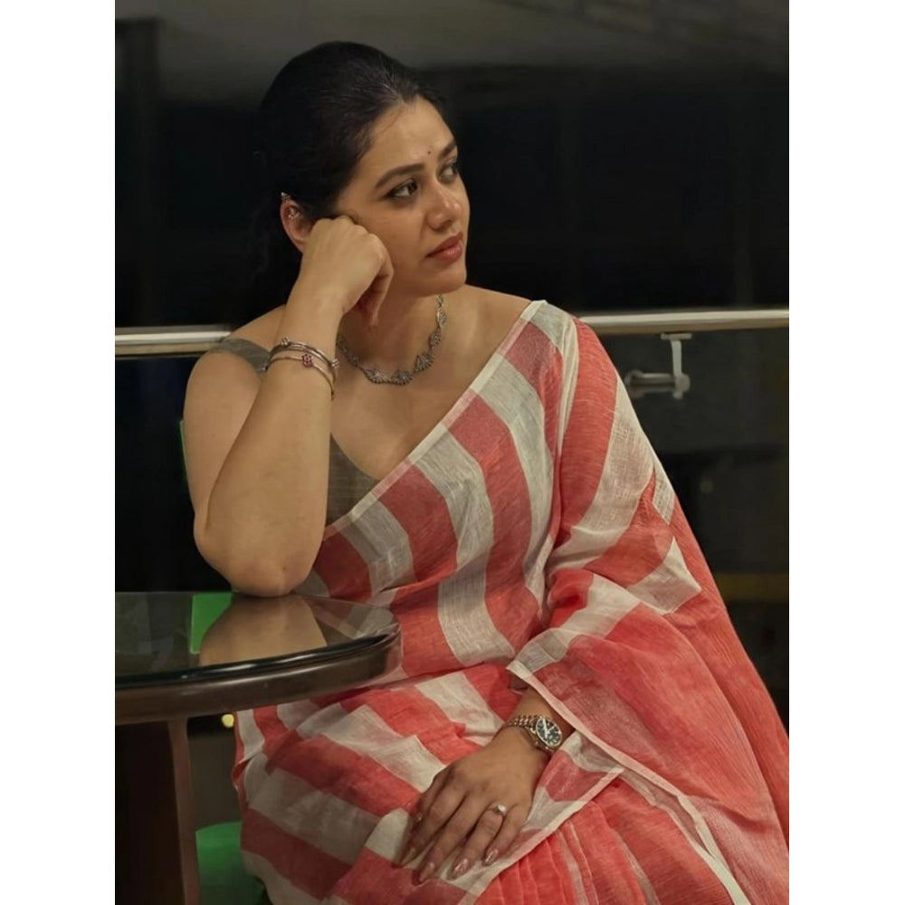 Women's Linen Printed Saree With Unstitched Blouse 5.5Mtr (Multicolor)