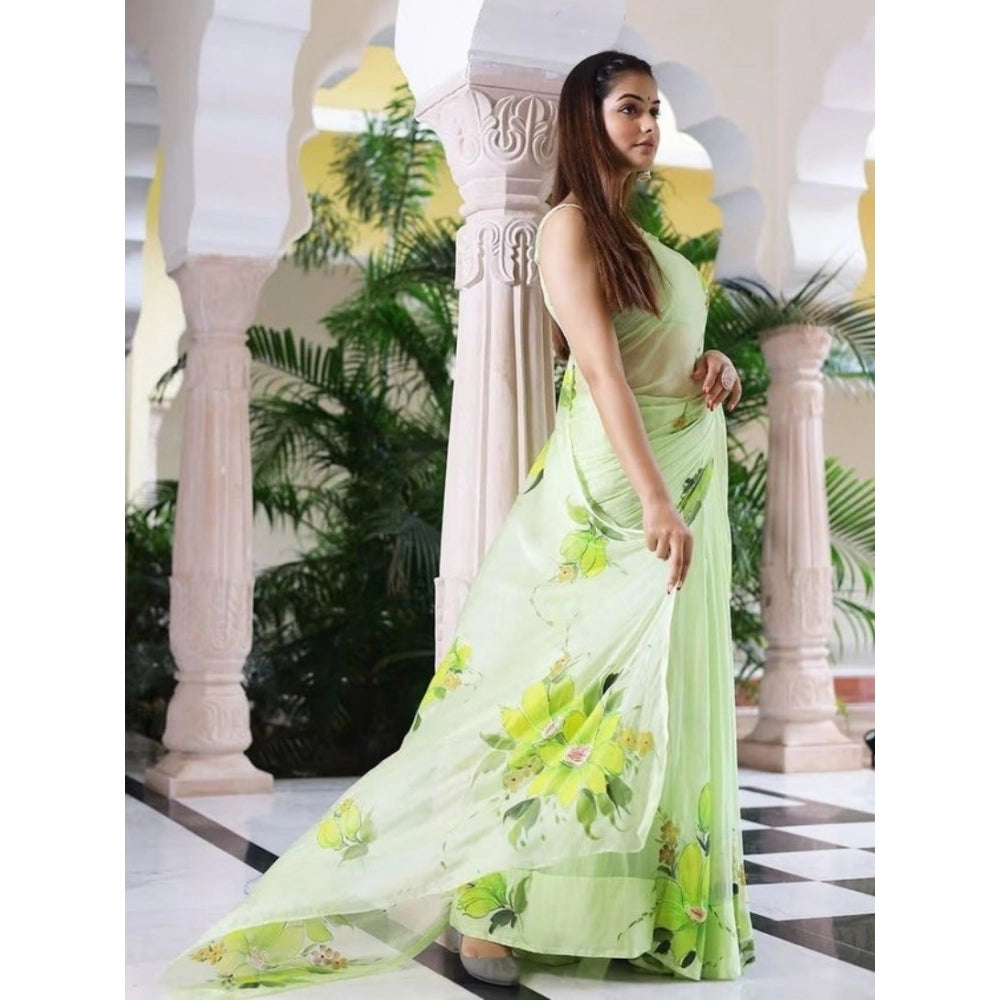 Women's Linen Printed Saree With Unstitched Blouse 5.5Mtr (Green)