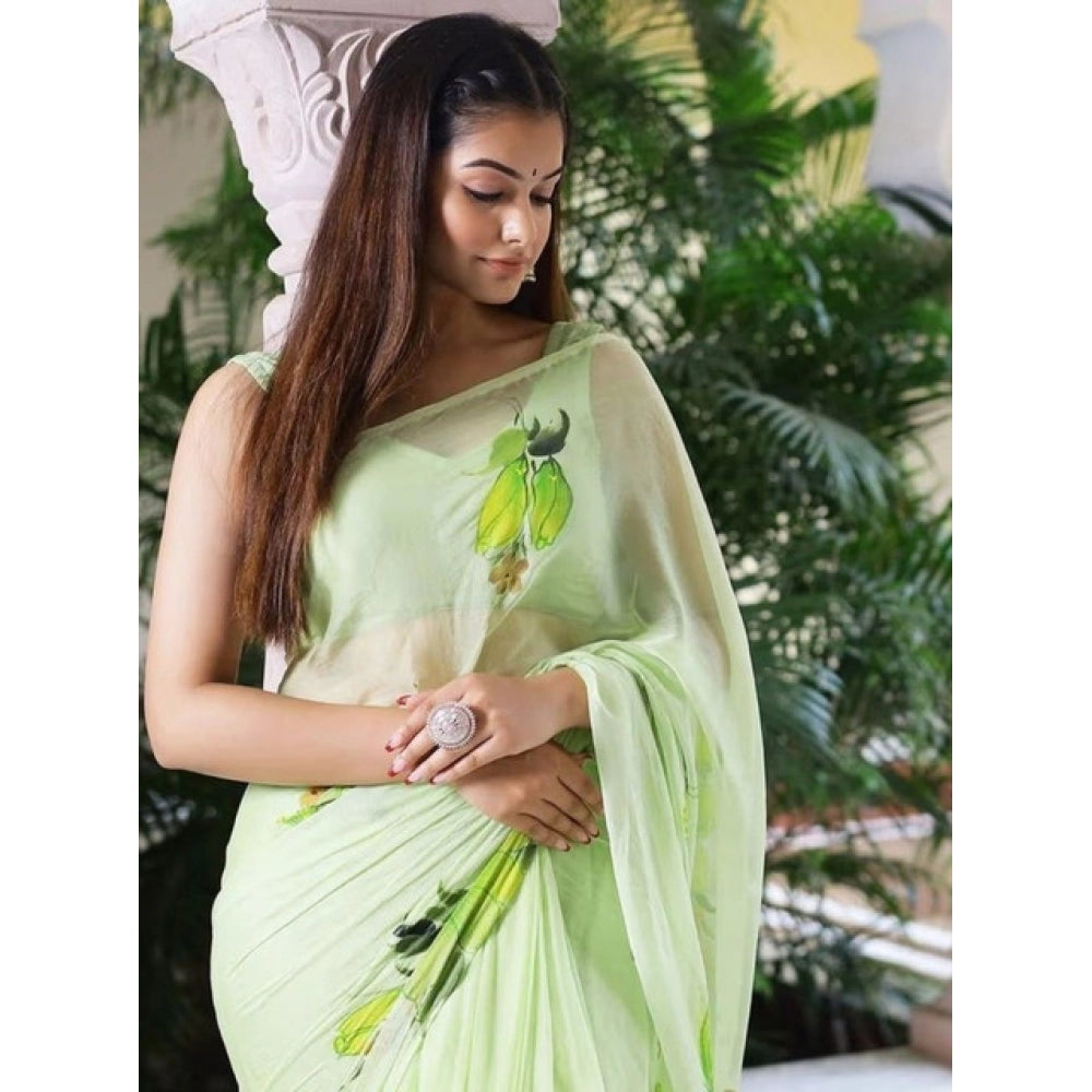 Women's Linen Printed Saree With Unstitched Blouse 5.5Mtr (Green)