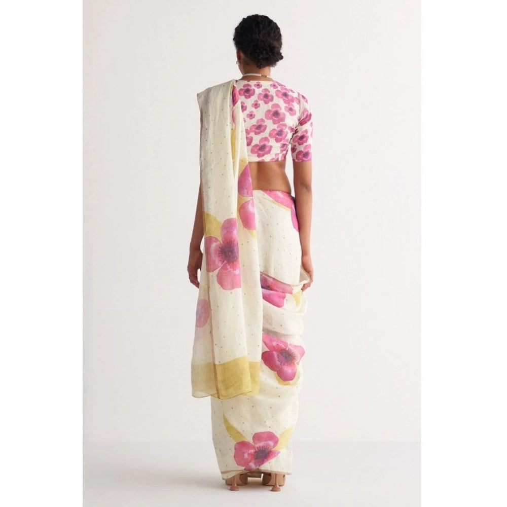 Women's Linen Printed Saree With Unstitched Blouse 5.5Mtr (White)