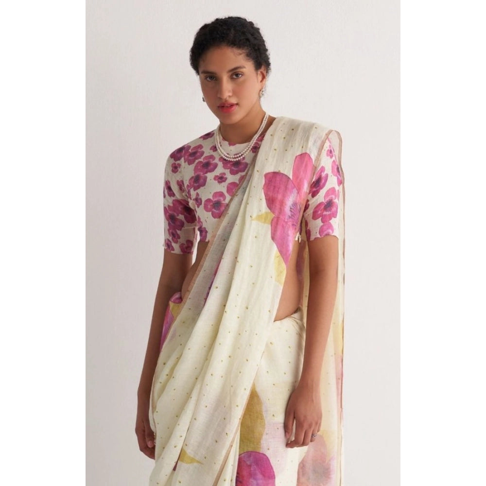 Women's Linen Printed Saree With Unstitched Blouse 5.5Mtr (White)