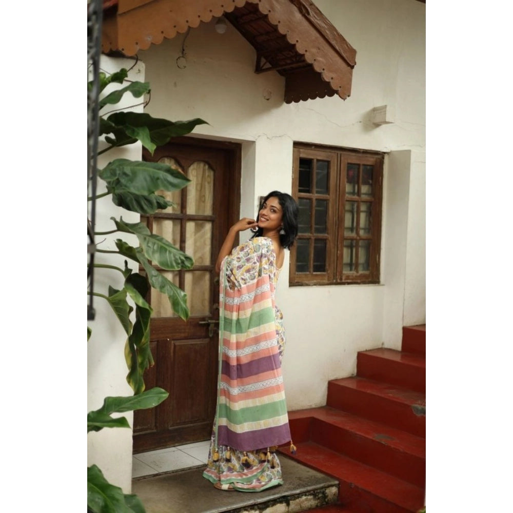Women's Linen Printed Saree With Unstitched Blouse 5.5Mtr (Multicolor)