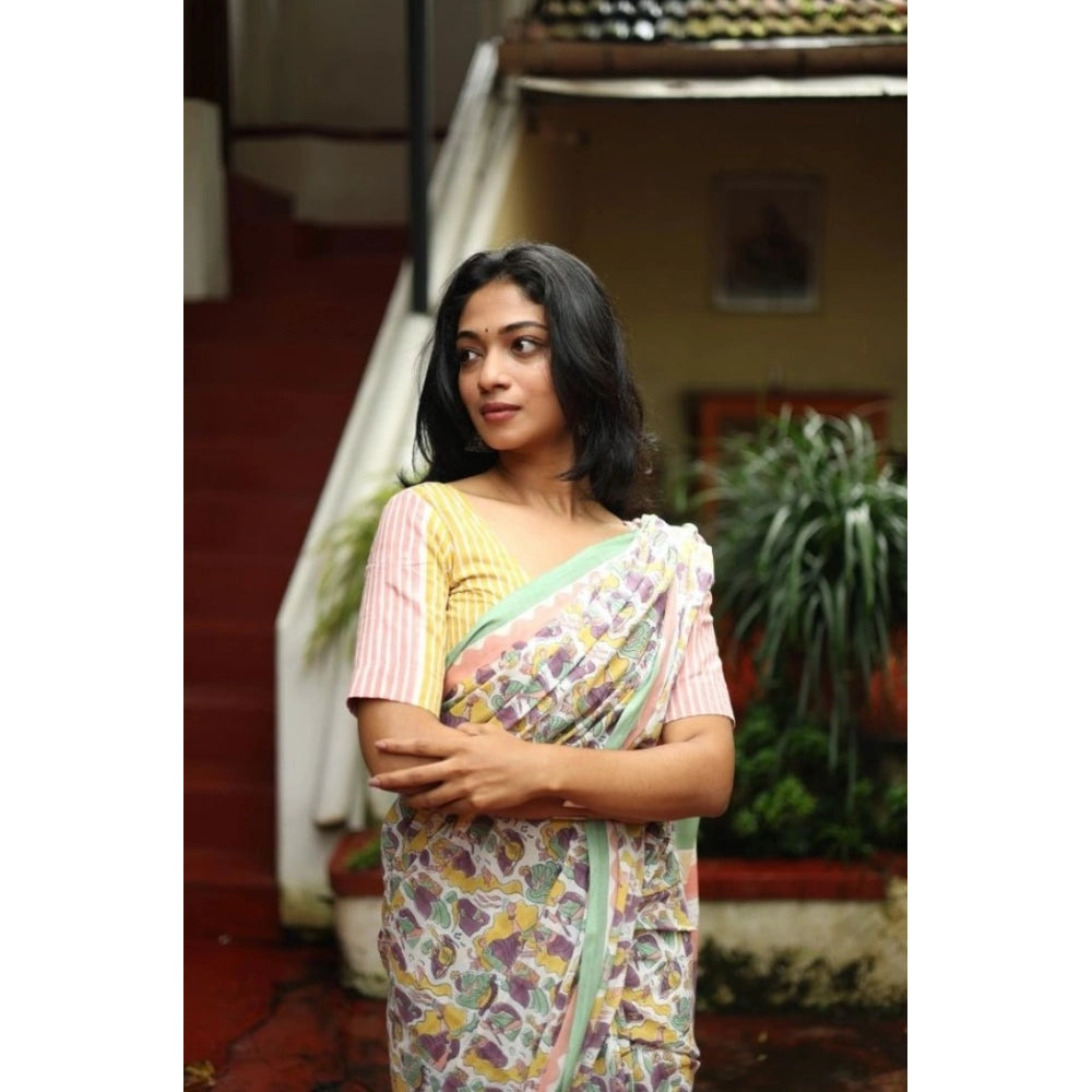 Women's Linen Printed Saree With Unstitched Blouse 5.5Mtr (Multicolor)