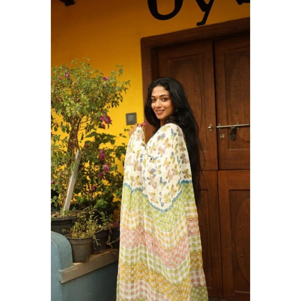 Women's Linen Printed Saree With Unstitched Blouse 5.5Mtr (White)