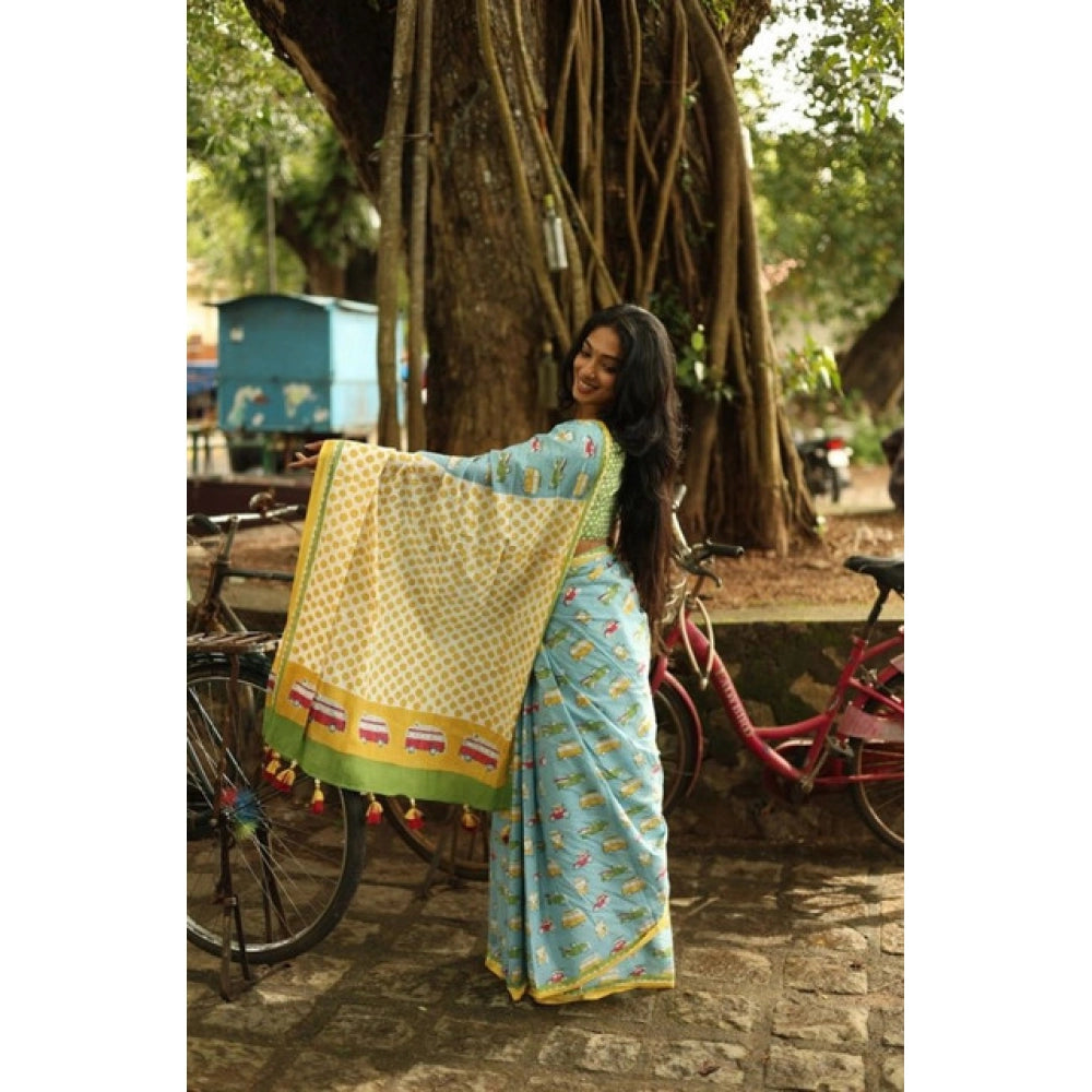 Women's Linen Printed Saree With Unstitched Blouse 5.5Mtr (Blue)