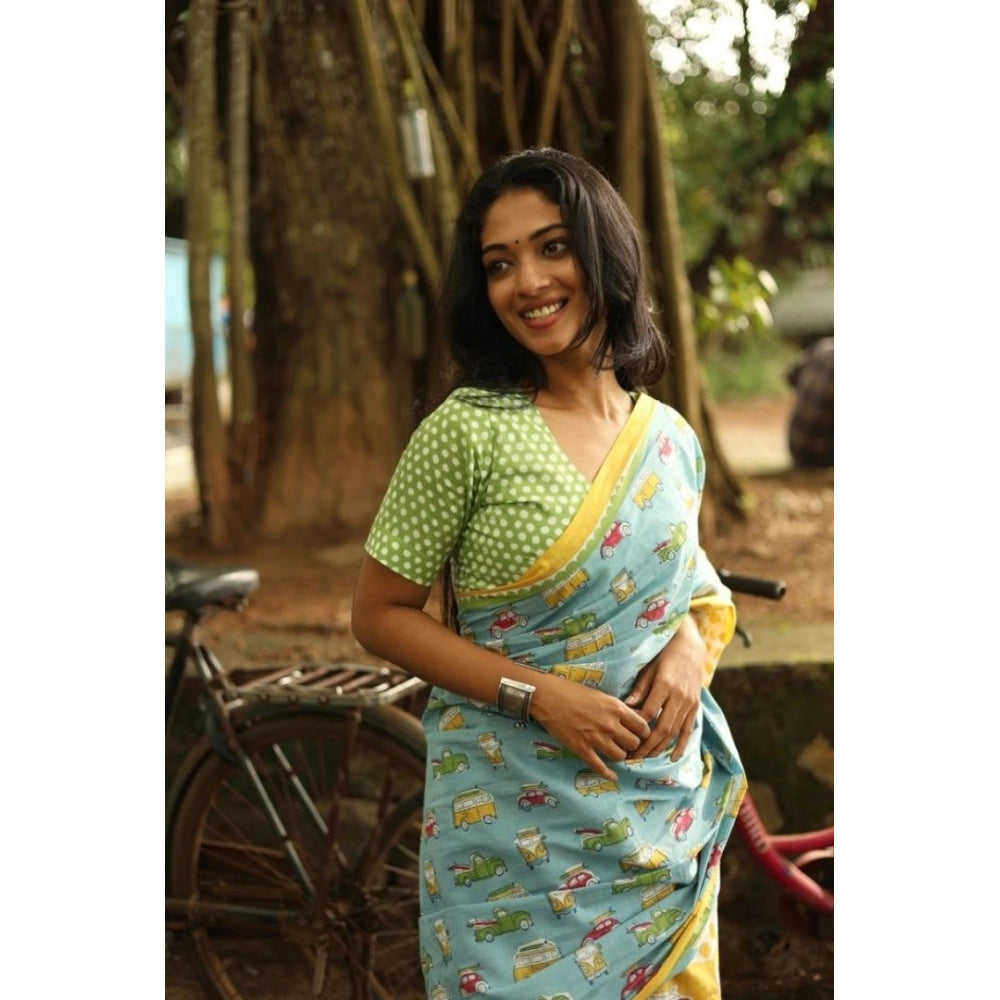 Women's Linen Printed Saree With Unstitched Blouse 5.5Mtr (Blue)