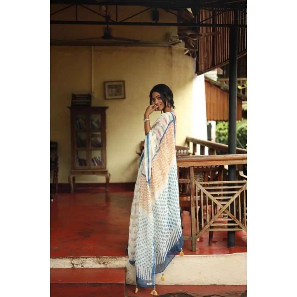 Women's Linen Printed Saree With Unstitched Blouse 5.5Mtr (White)