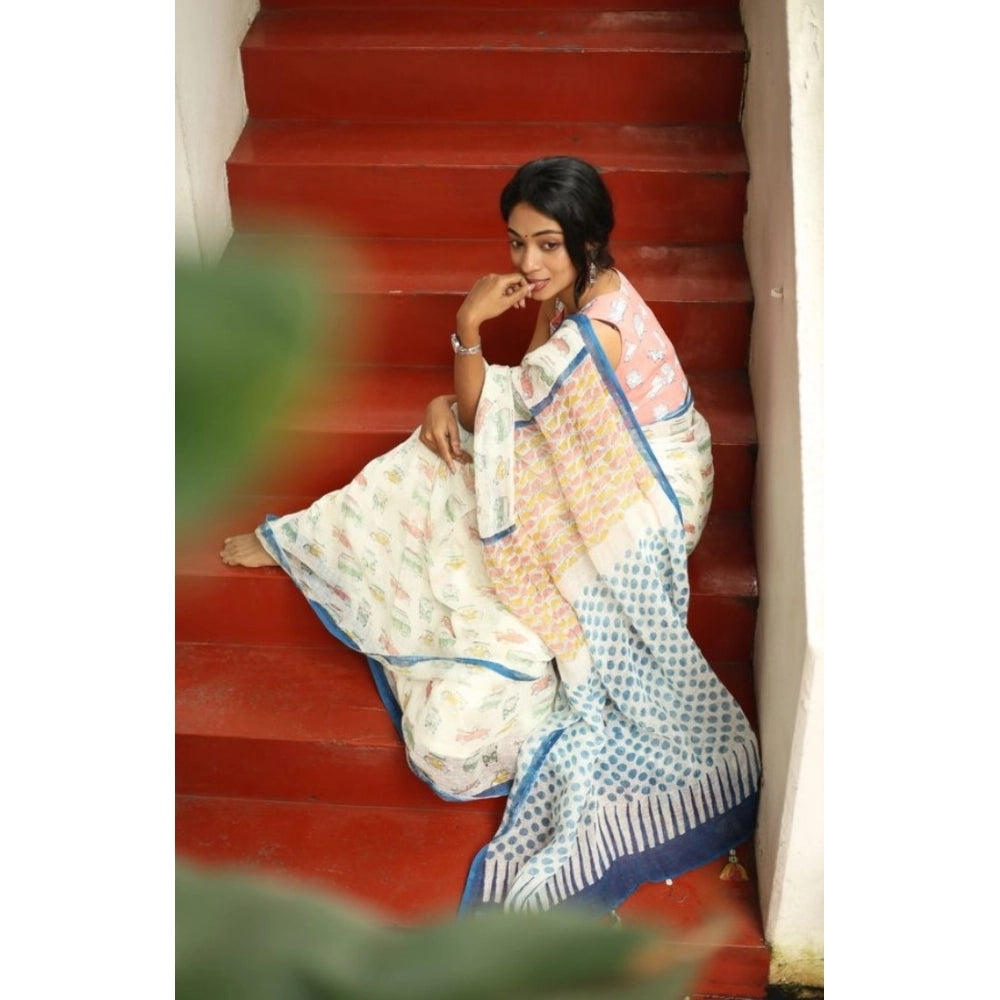 Women's Linen Printed Saree With Unstitched Blouse 5.5Mtr (White)