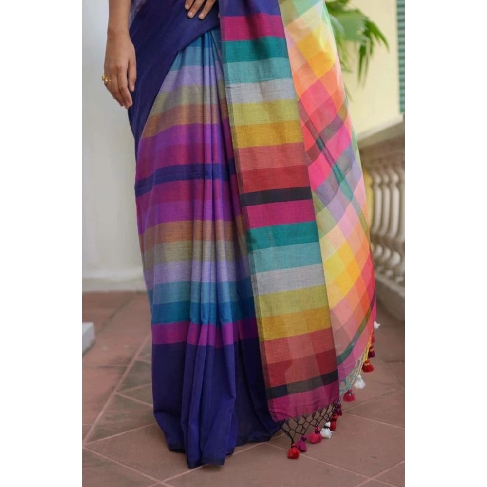 Women's Linen Printed Saree With Unstitched Blouse 5.5Mtr (Navy)