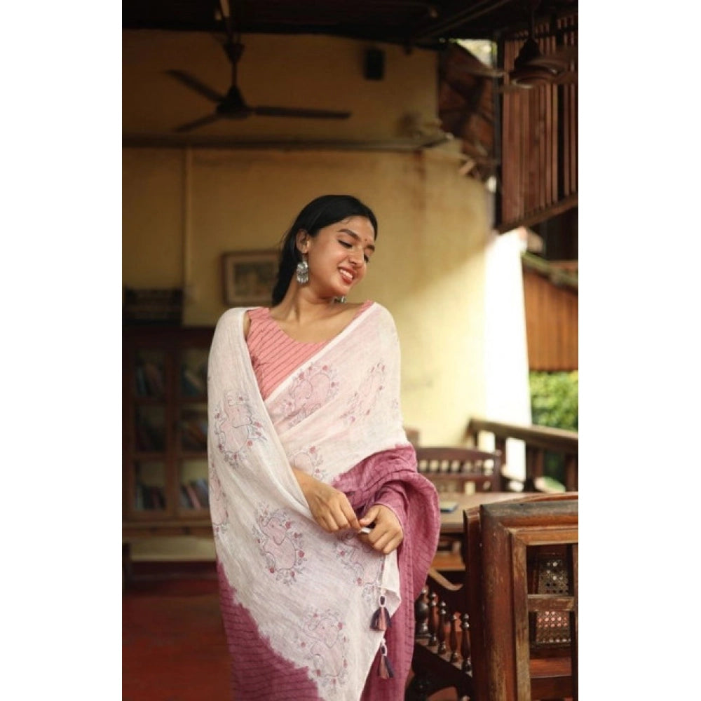 Women's Linen Printed Saree With Unstitched Blouse 5.5Mtr (White)