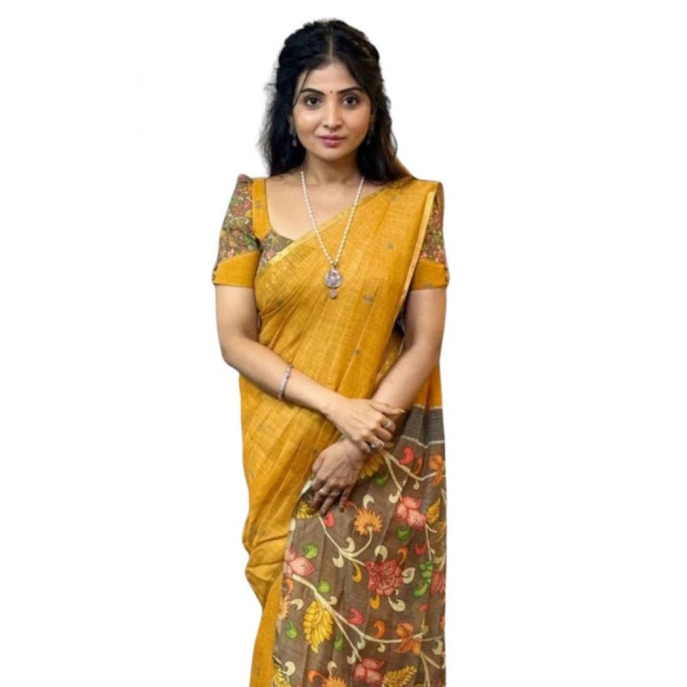 Women's Linen Printed Saree With Unstitched Blouse 5.5Mtr (Mustard)