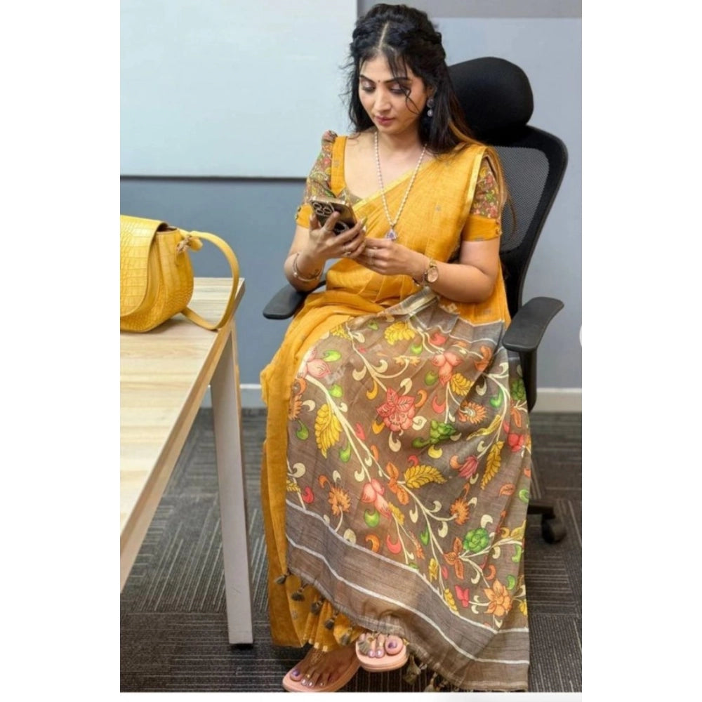 Women's Linen Printed Saree With Unstitched Blouse 5.5Mtr (Mustard)