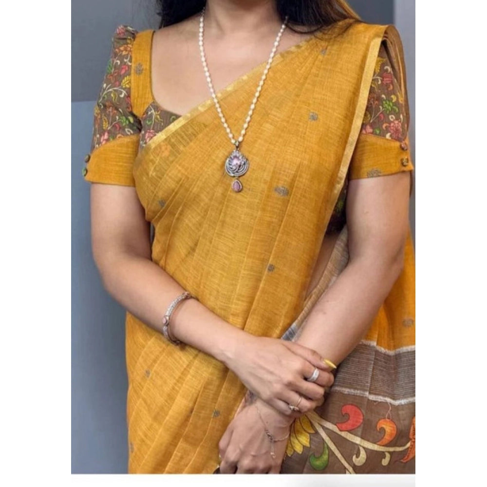 Women's Linen Printed Saree With Unstitched Blouse 5.5Mtr (Mustard)